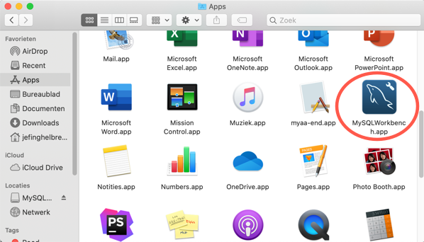 macOS MySQL MySQL Workbench staat in App folder